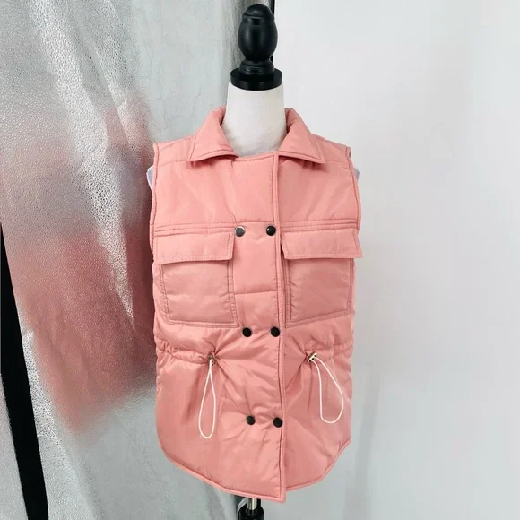 Pink Sleeveless Collared Double Breasted Padded Puffer Jacket Vest Gilet - Picture 9 of 16